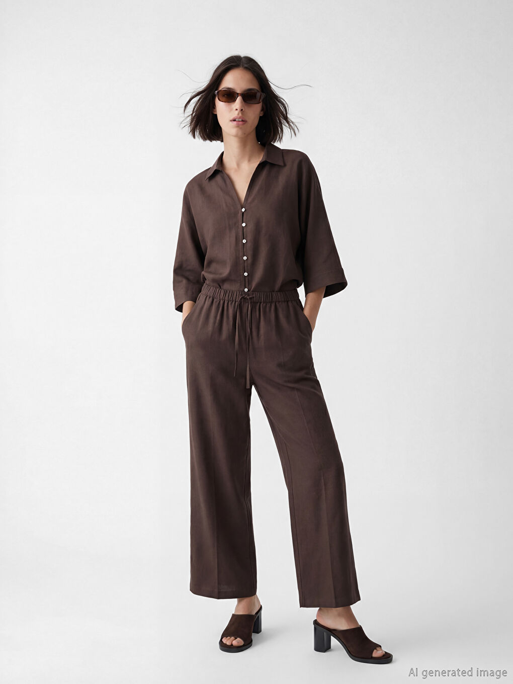 Pantaloni Femeie din Amestec de In cu Talie Elastică