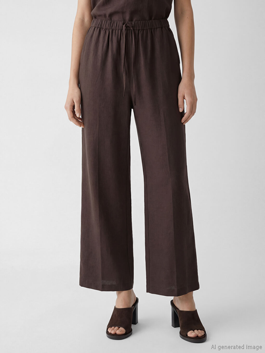 Pantaloni Femeie din Amestec de In cu Talie Elastică-1