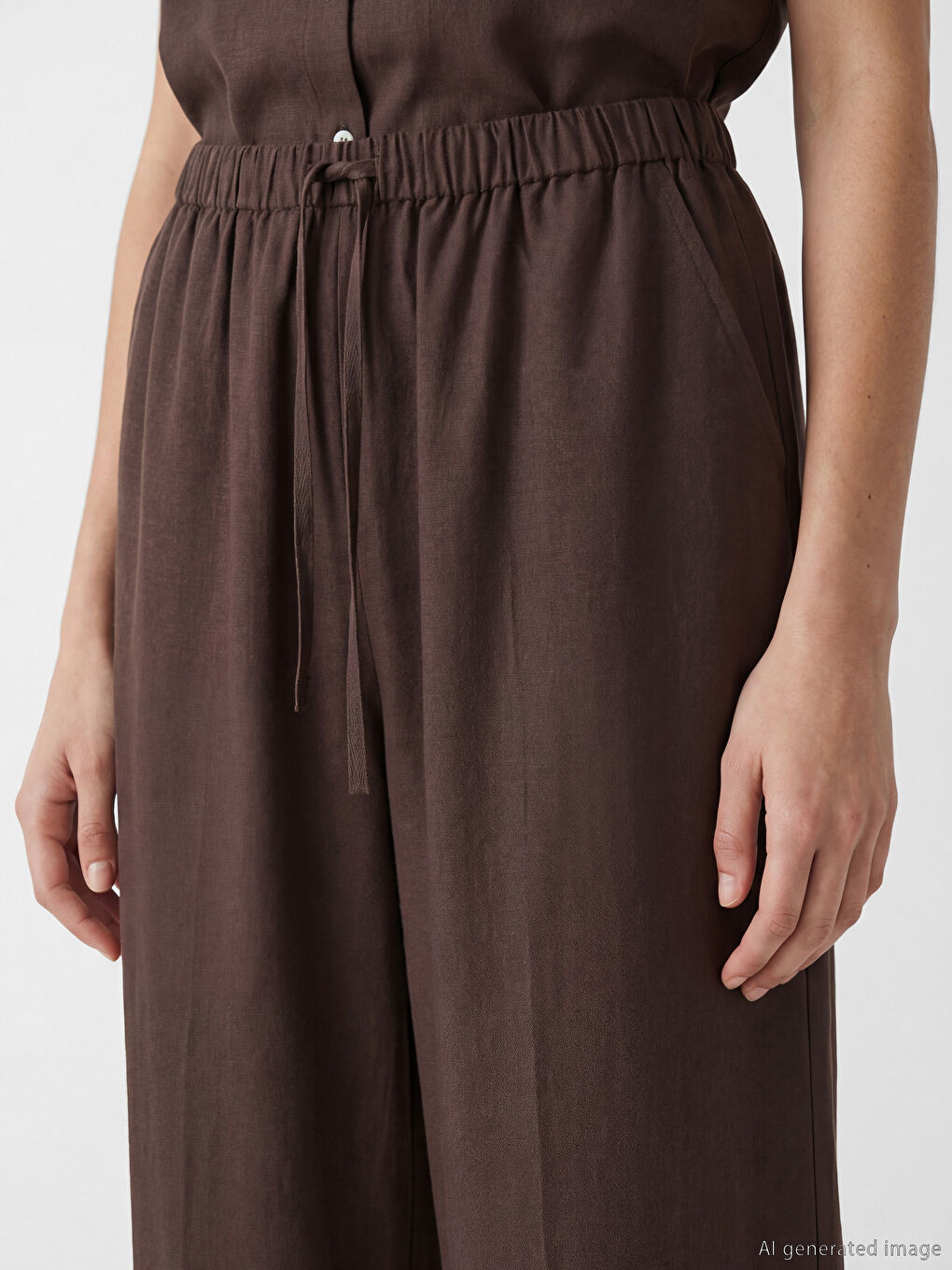 Pantaloni Femeie din Amestec de In cu Talie Elastică-2