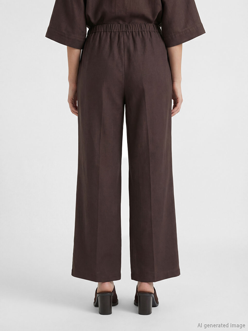 Pantaloni Femeie din Amestec de In cu Talie Elastică-3