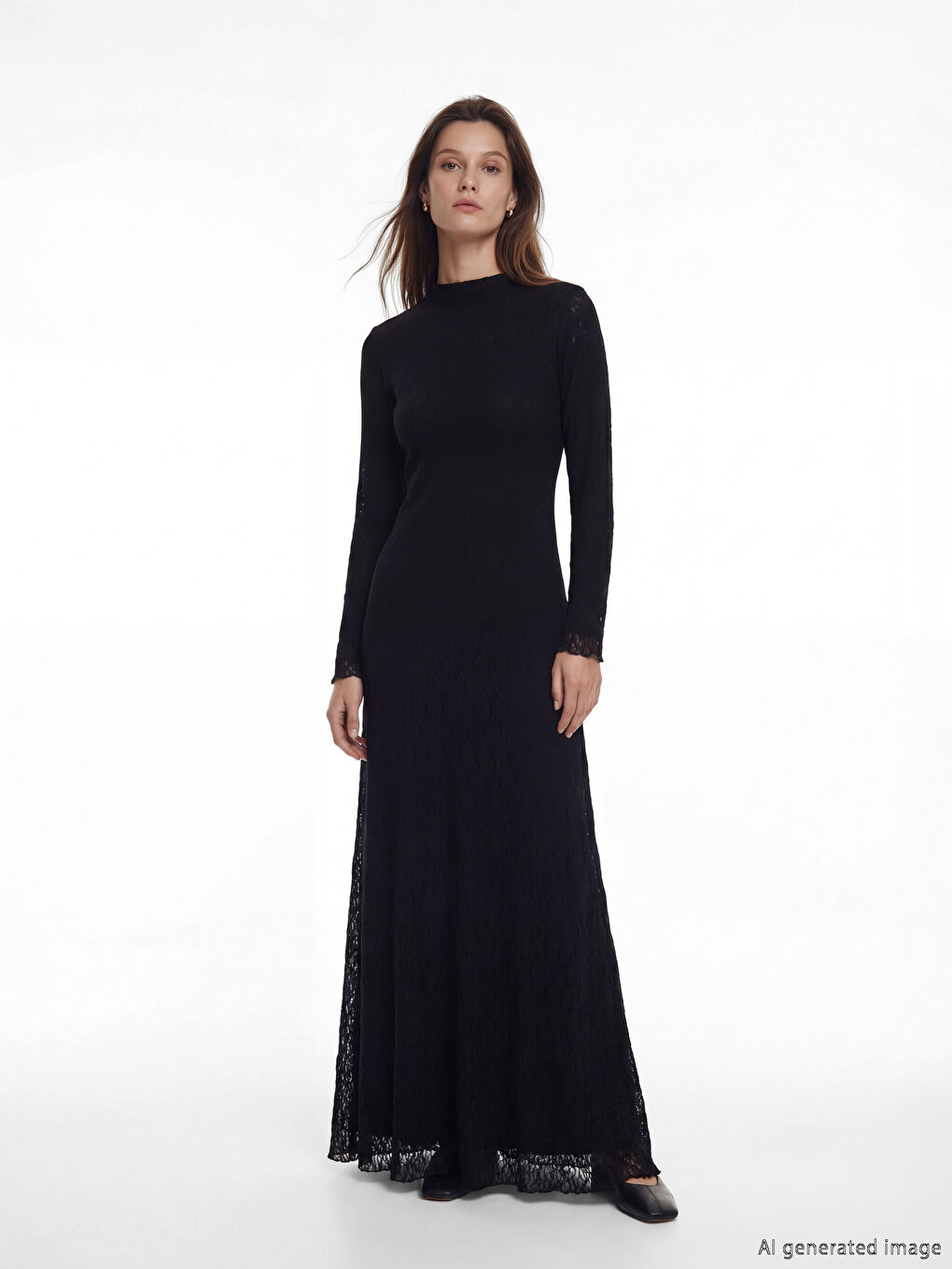 Siyah A Kesim Dantelli Uzun Elbise