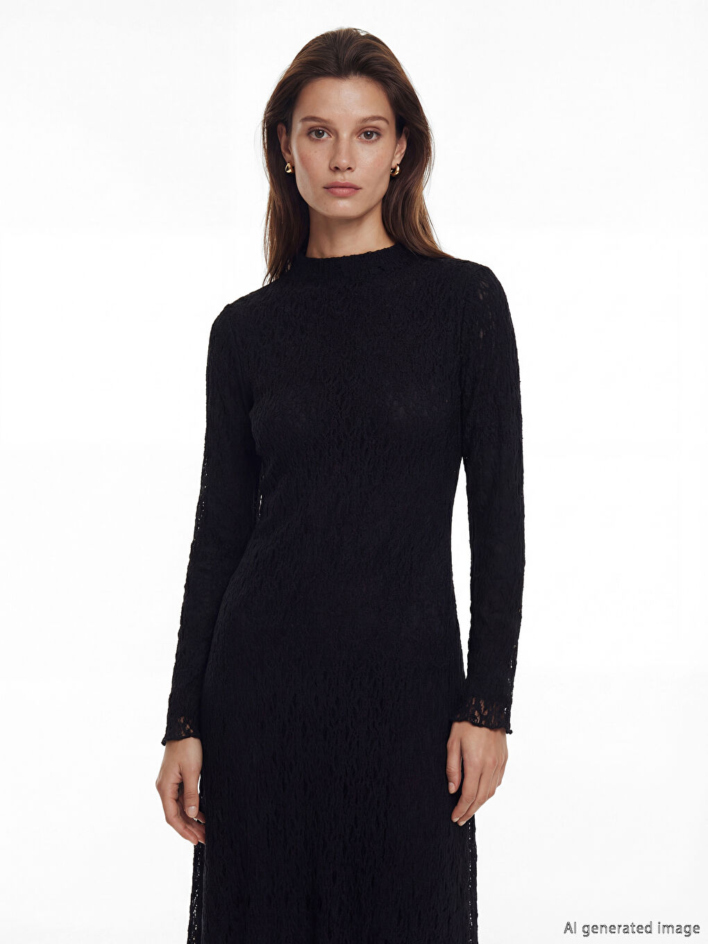 Siyah A Kesim Dantelli Uzun Elbise-1