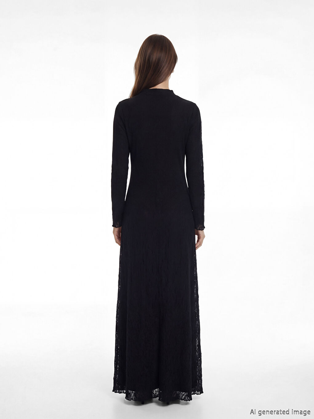 Siyah A Kesim Dantelli Uzun Elbise-3