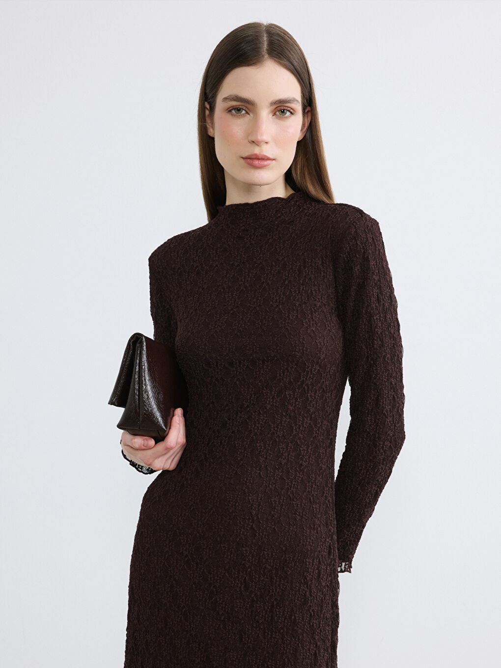 Kahverengi A Kesim Dantelli Uzun Elbise