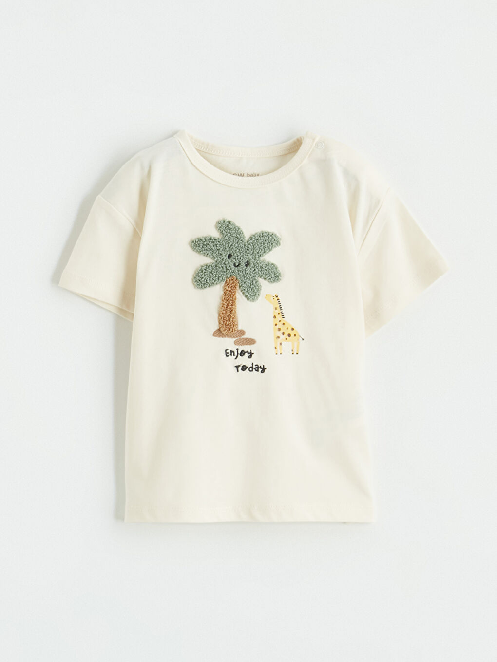 Ekru Bisiklet Yaka Nakışlı Erkek Bebek Tişört