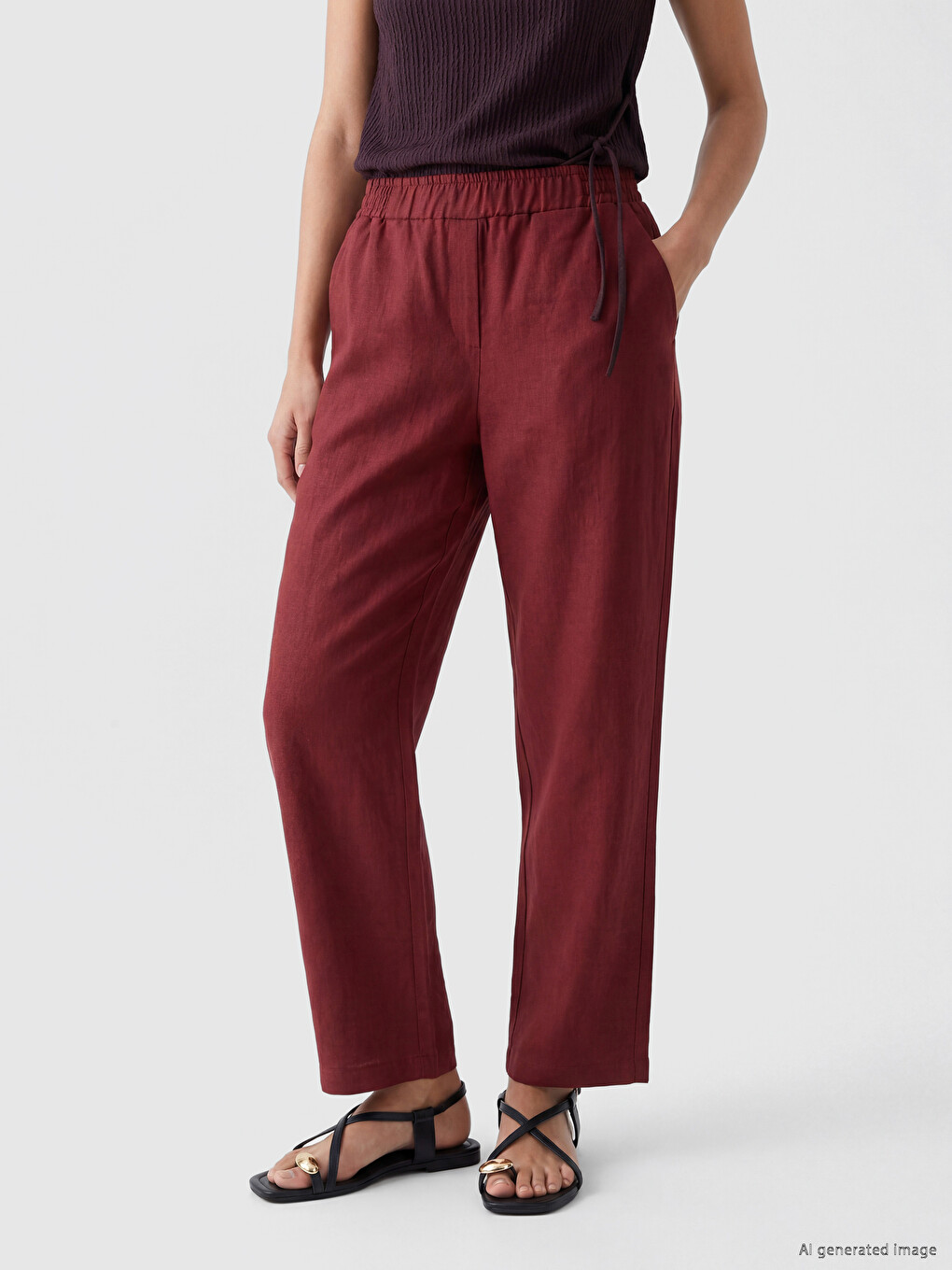 Bordo Havuç Kesim Kadın %100 Keten Pantolon-1