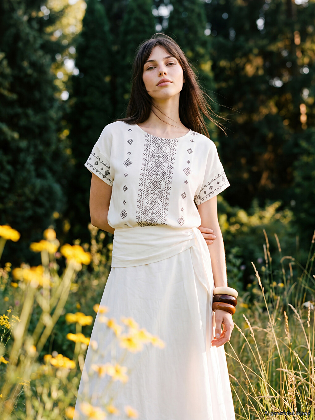 Crew Neck Embroidered 100% Cotton Blouse