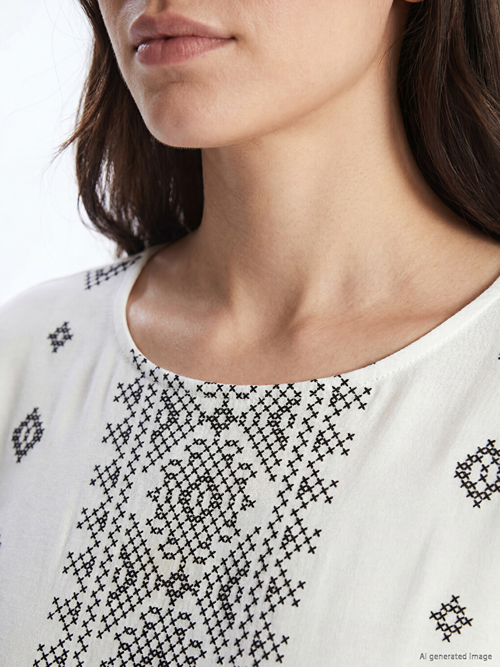 Crew Neck Embroidered 100% Cotton Blouse-2