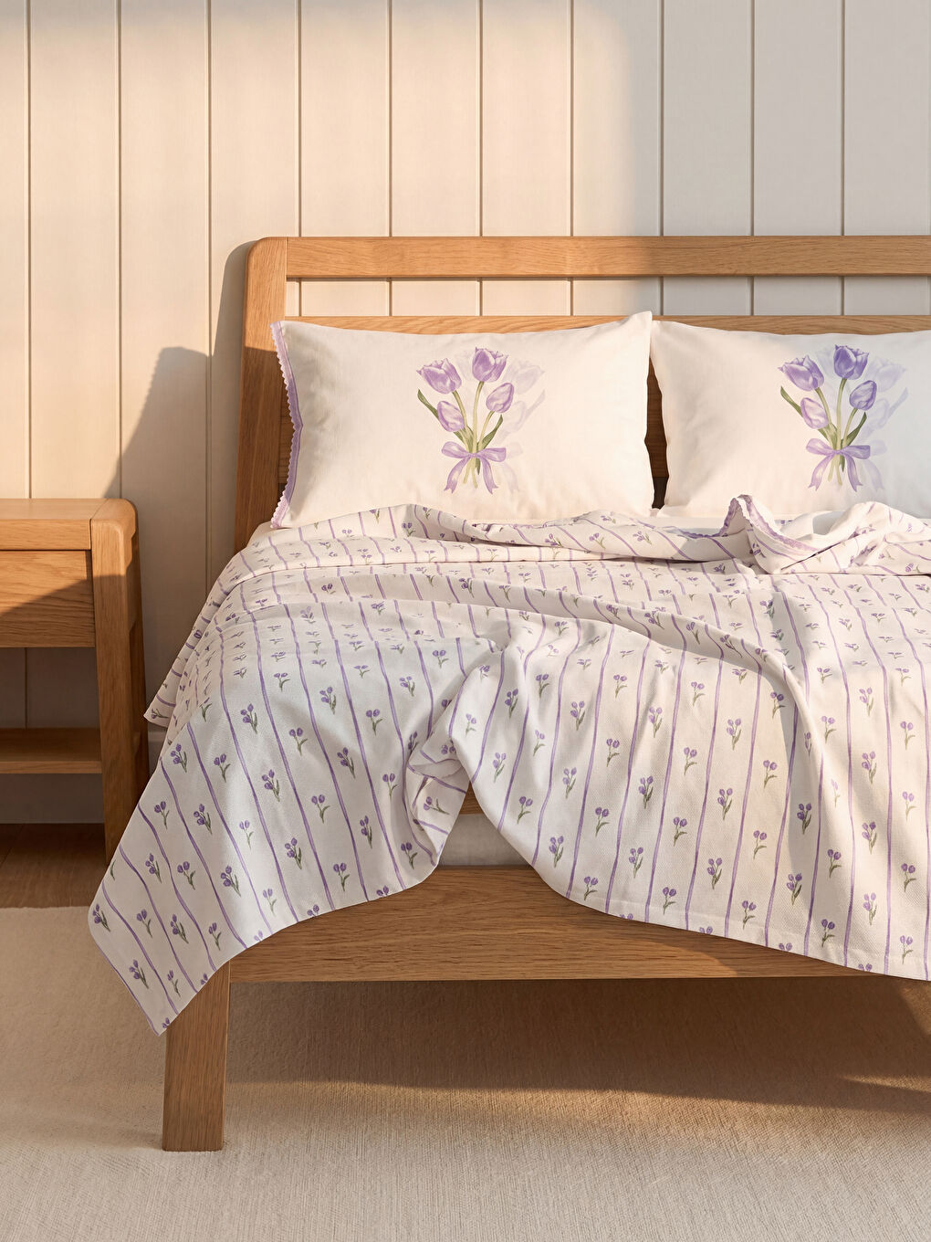 Karışık Çiçekli ve Çizgili Desenli Çift Kişilik Pike