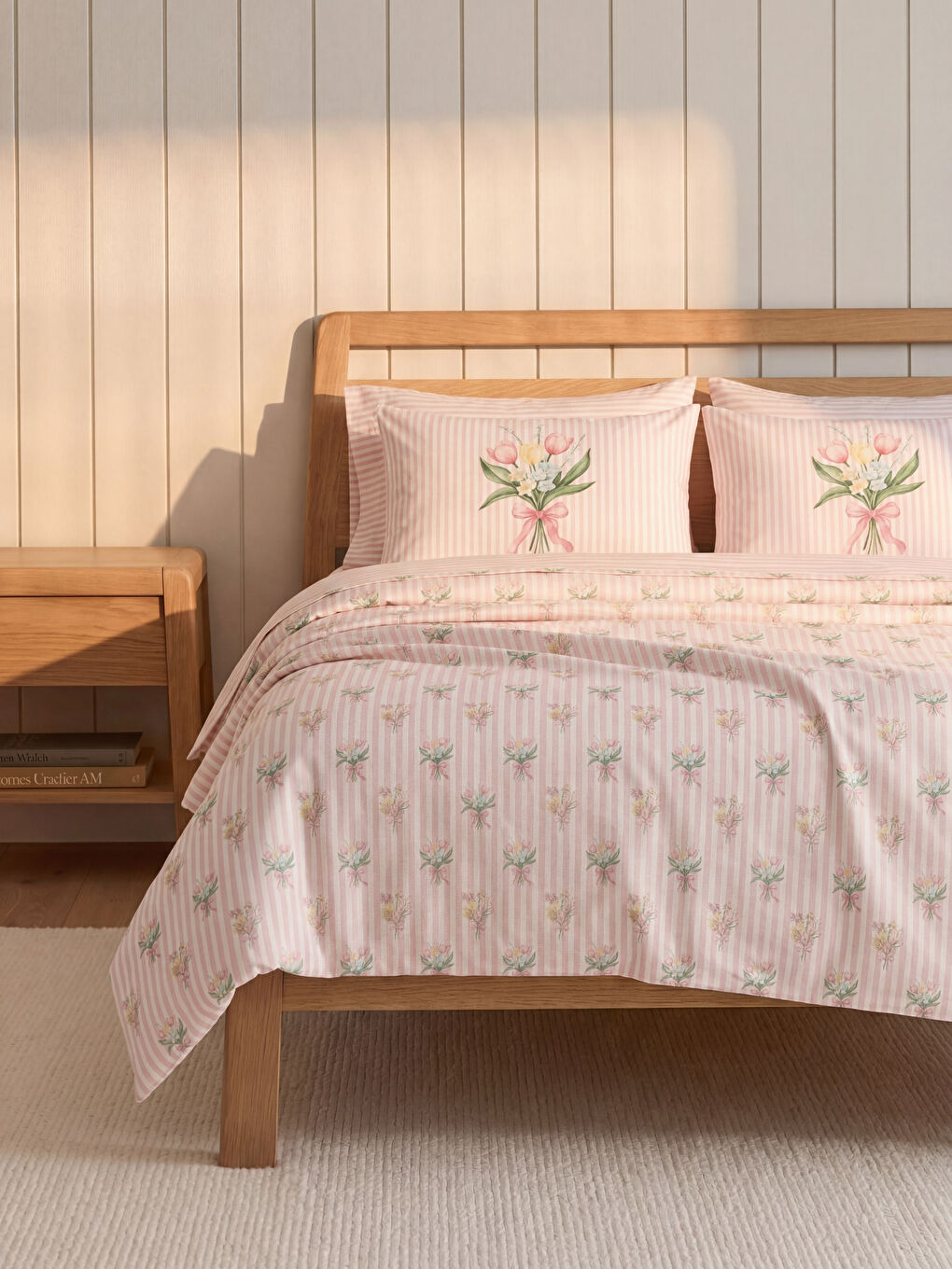 Pembe Çiçekli Çift Kişilik Nevresim Seti