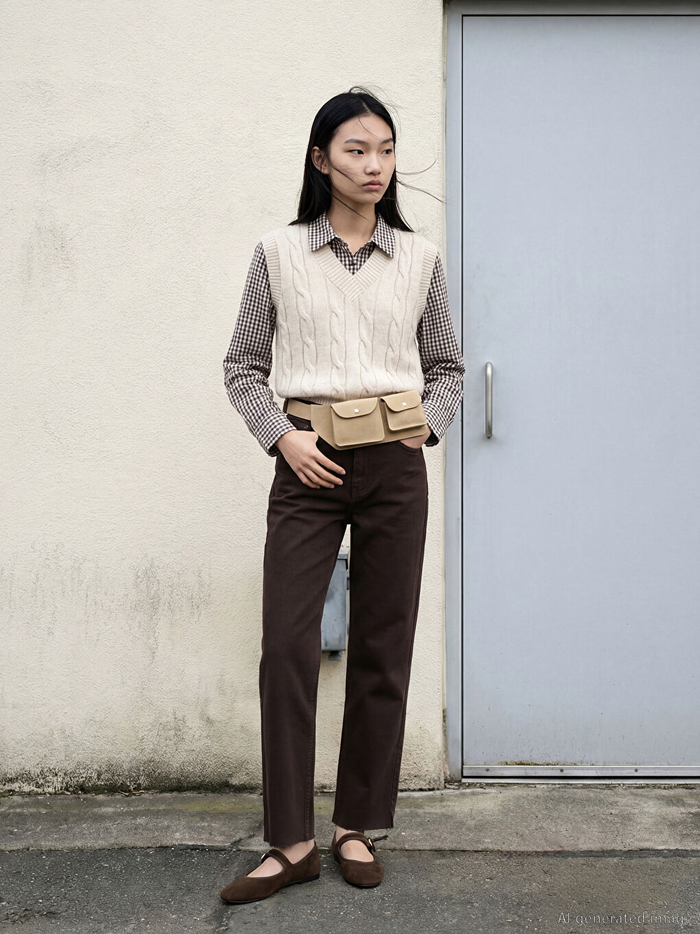 Ekru V Yaka Kendinden Desenli Kadın Triko Süveter