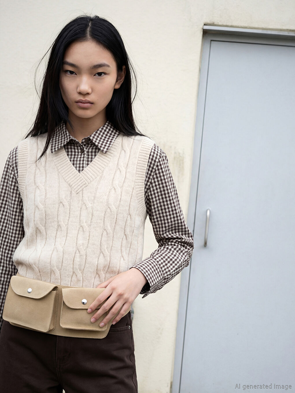 Ekru V Yaka Kendinden Desenli Kadın Triko Süveter-1