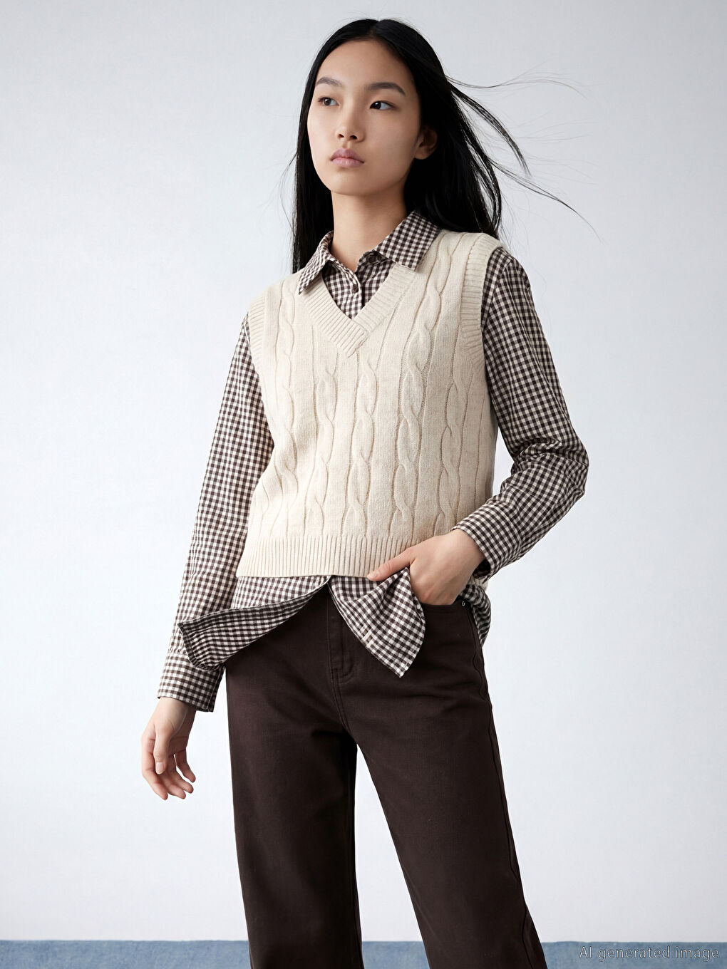 Ekru V Yaka Kendinden Desenli Kadın Triko Süveter-2