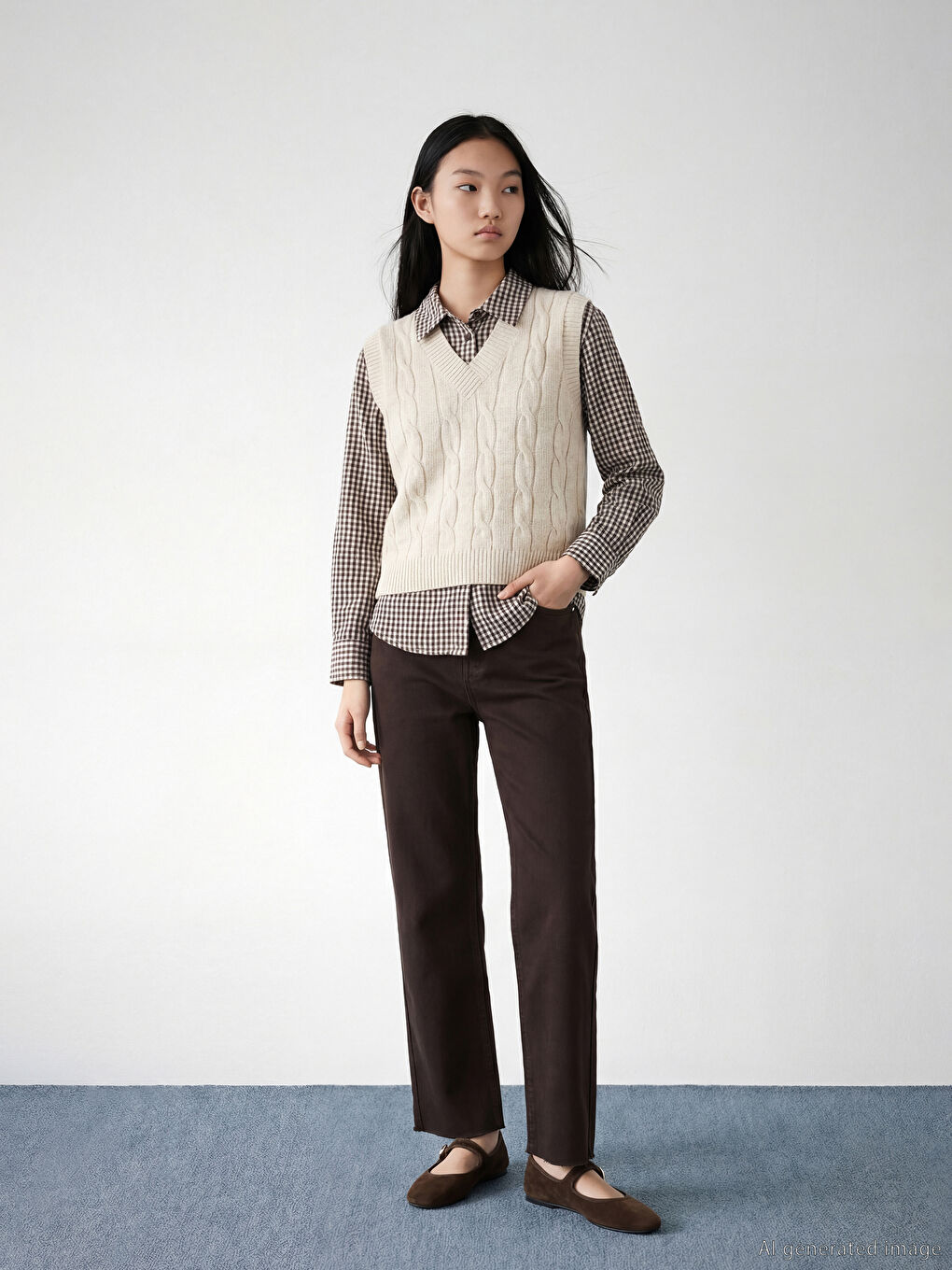 Ekru V Yaka Kendinden Desenli Kadın Triko Süveter-3