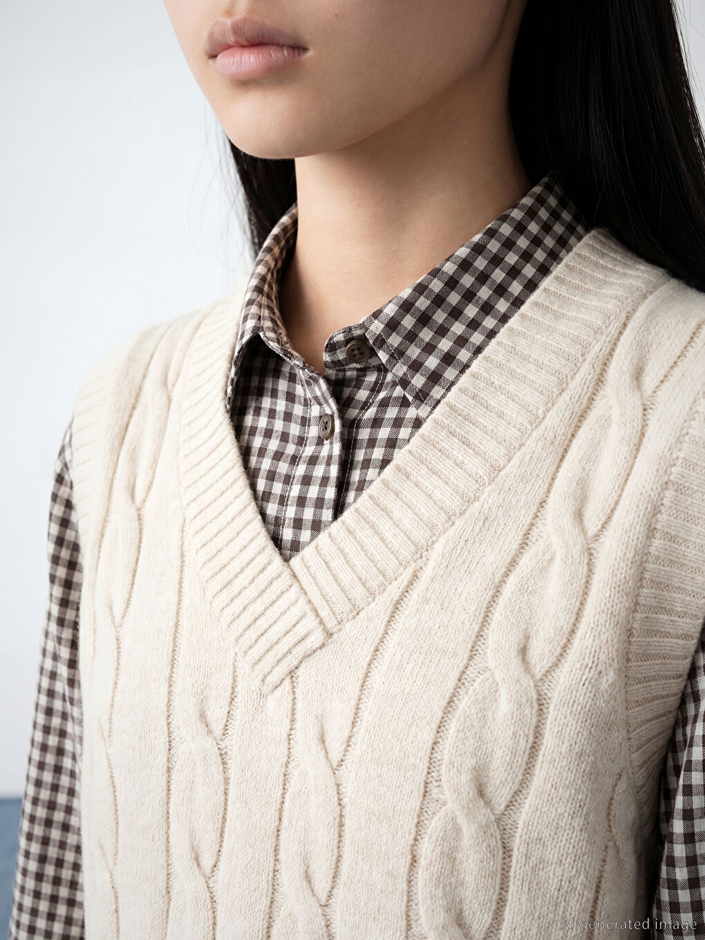 Ekru V Yaka Kendinden Desenli Kadın Triko Süveter-4