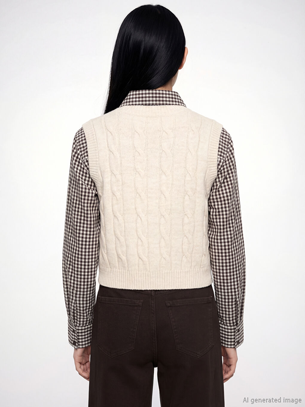 Ekru V Yaka Kendinden Desenli Kadın Triko Süveter-5