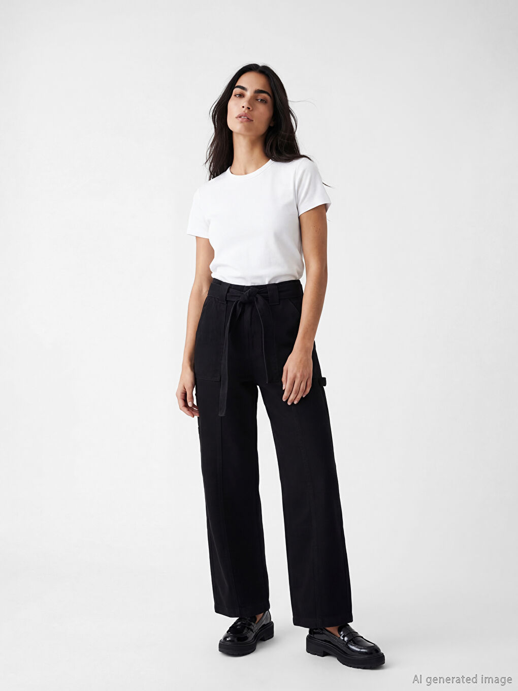 Siyah Beli Kemerli Wideleg Kadın Jean Pantolon