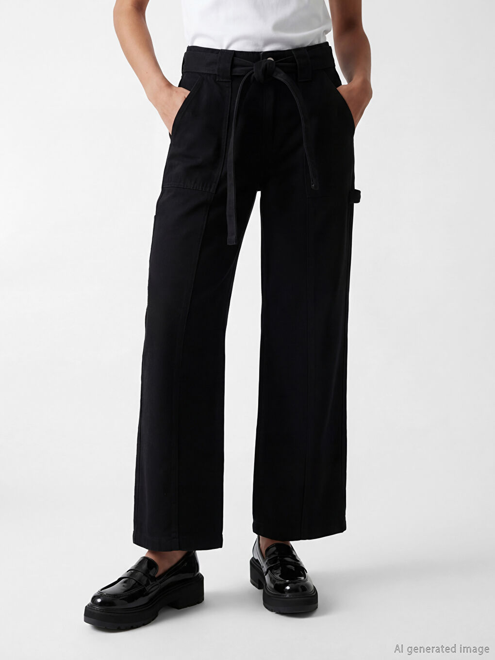 Siyah Beli Kemerli Wideleg Kadın Jean Pantolon-1