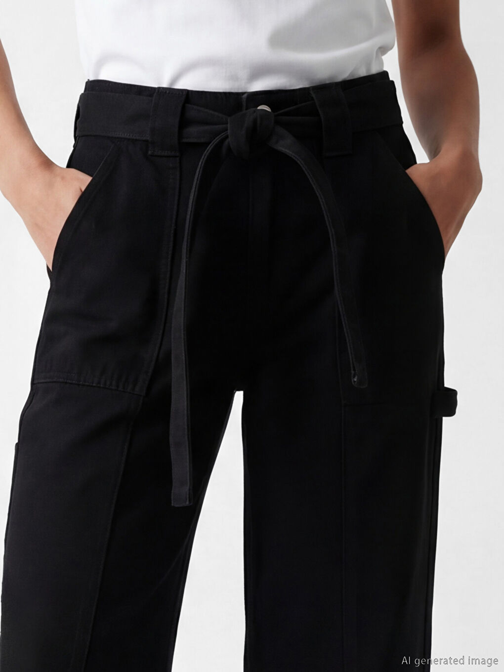 Siyah Beli Kemerli Wideleg Kadın Jean Pantolon-2