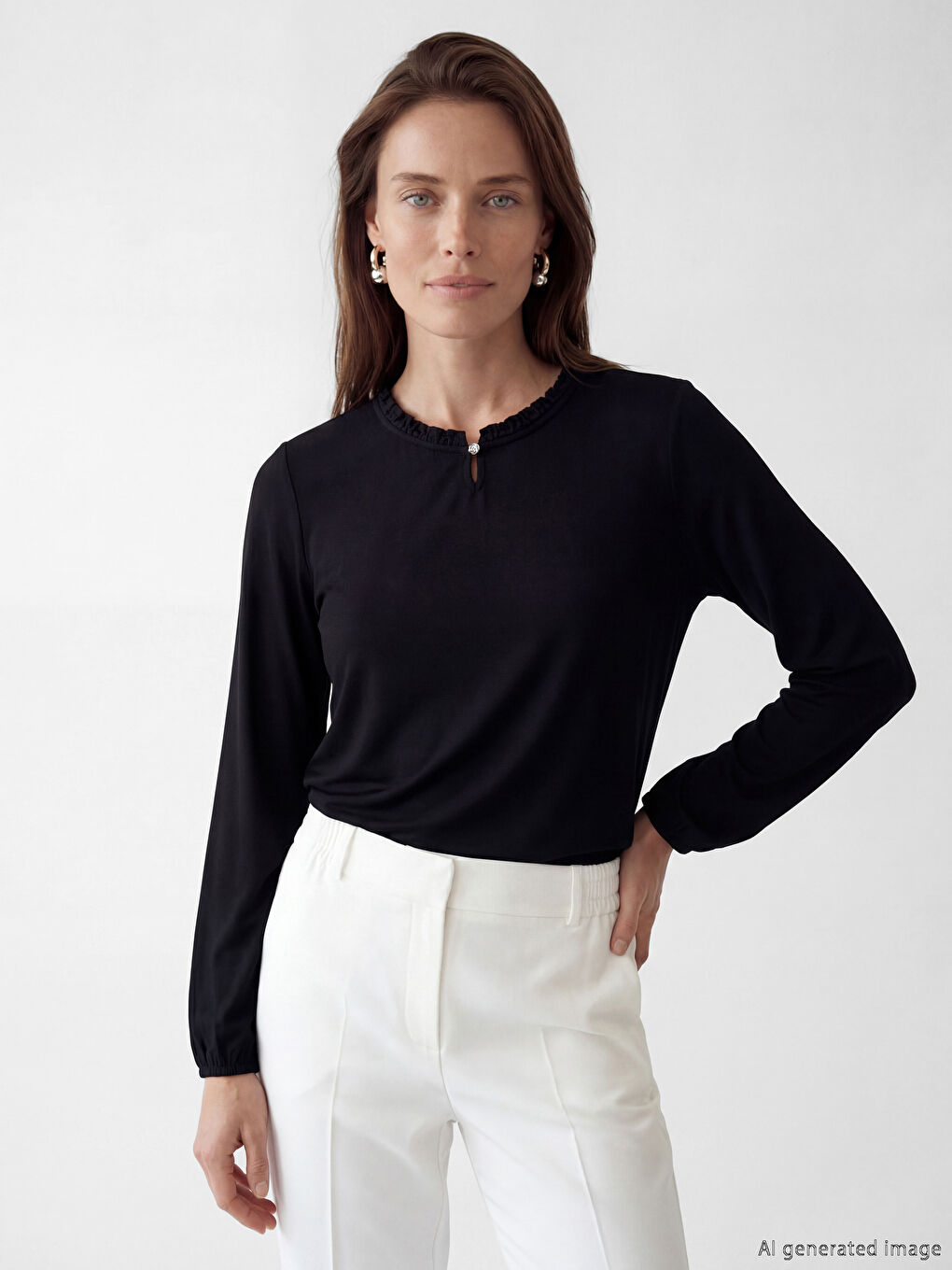 Siyah Fırfır Dik Yaka Bluz