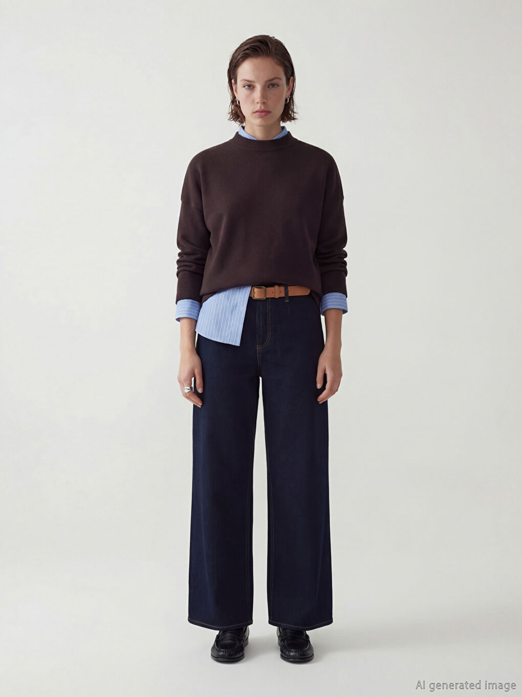 Kahverengi Dik Yaka Kadın Triko Kazak-1