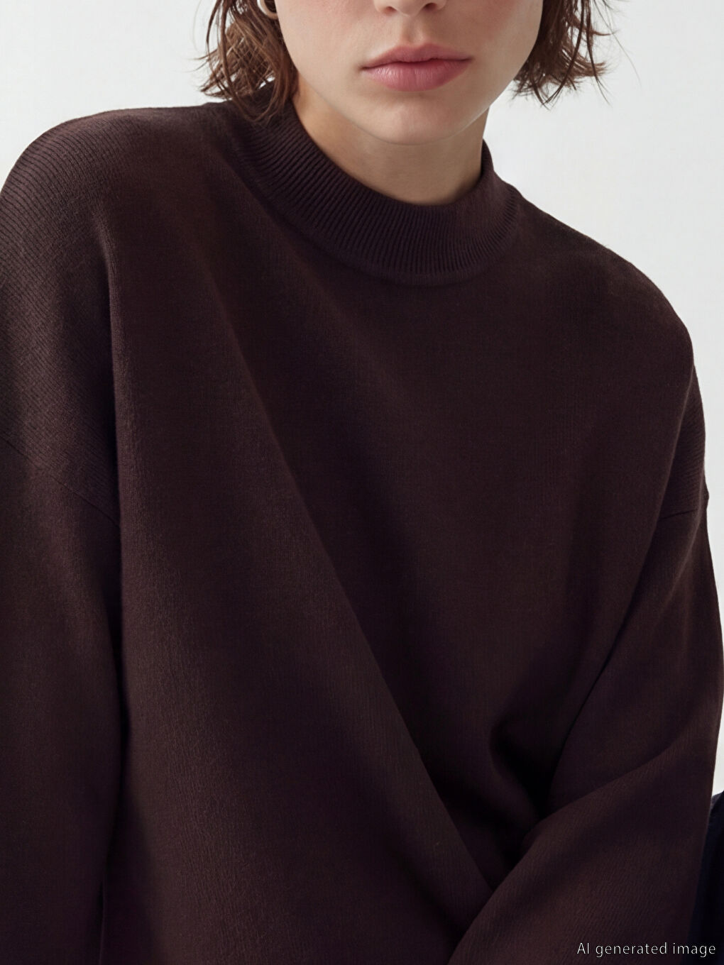 Kahverengi Dik Yaka Kadın Triko Kazak-2