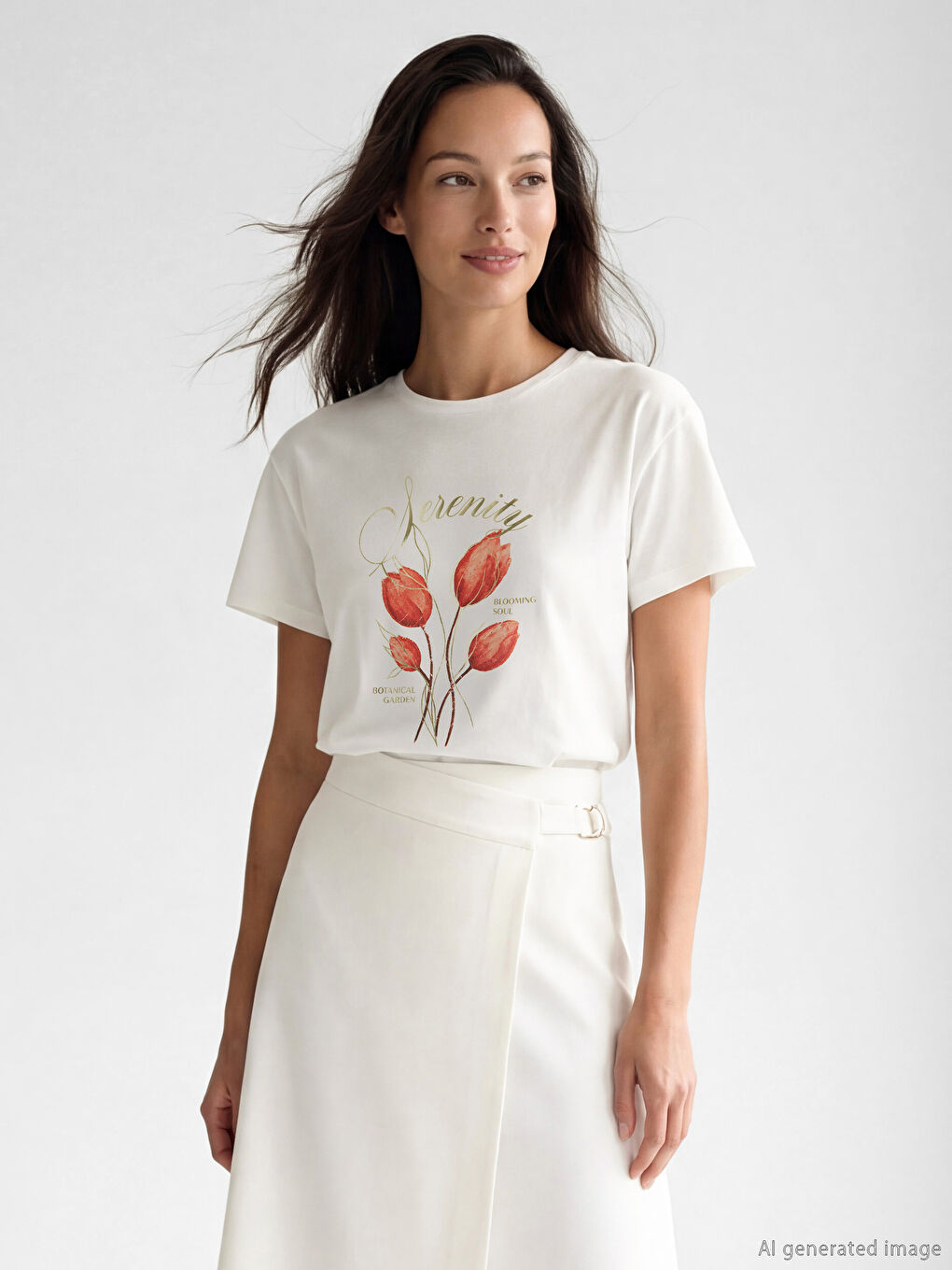 Beyaz Bisiklet Yaka Baskılı Kadın Tişört