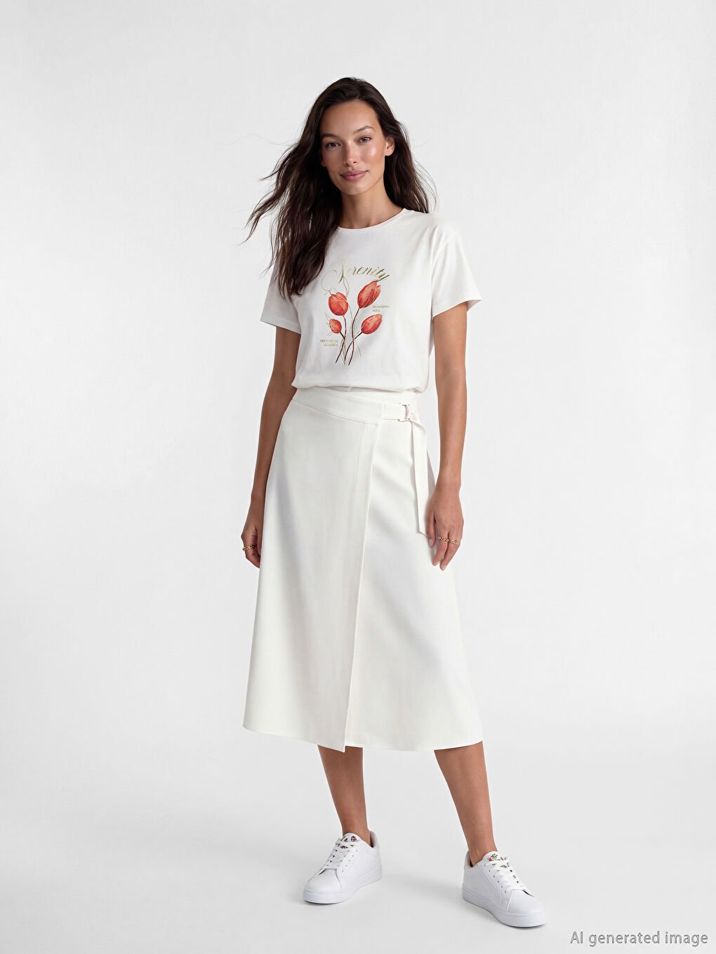 Beyaz Bisiklet Yaka Baskılı Kadın Tişört-1