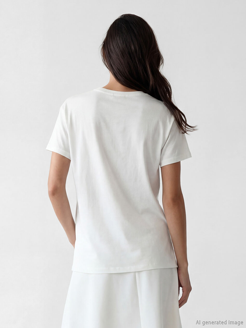 Beyaz Bisiklet Yaka Baskılı Kadın Tişört-2