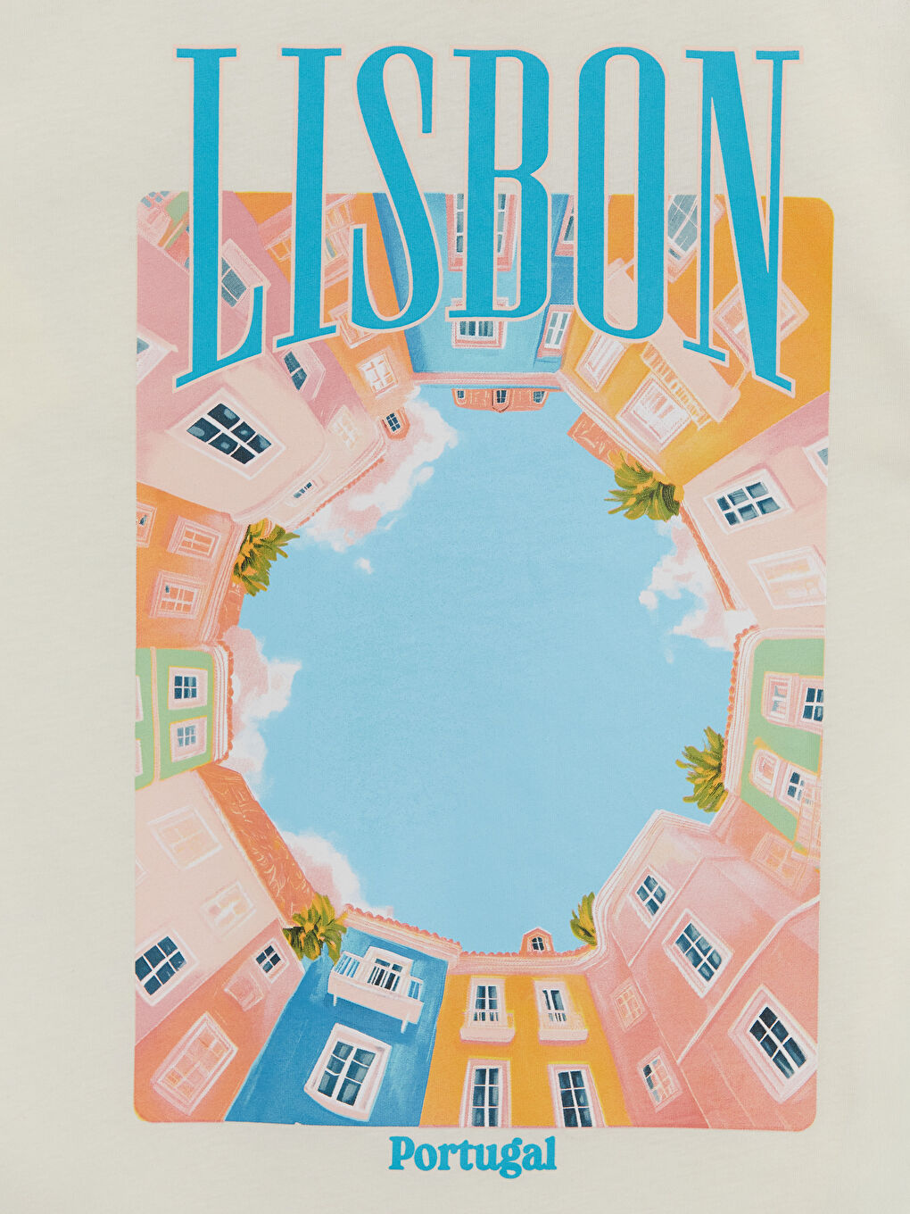 Ekru Lisbon Baskılı Oversize Kadın Tişört-2