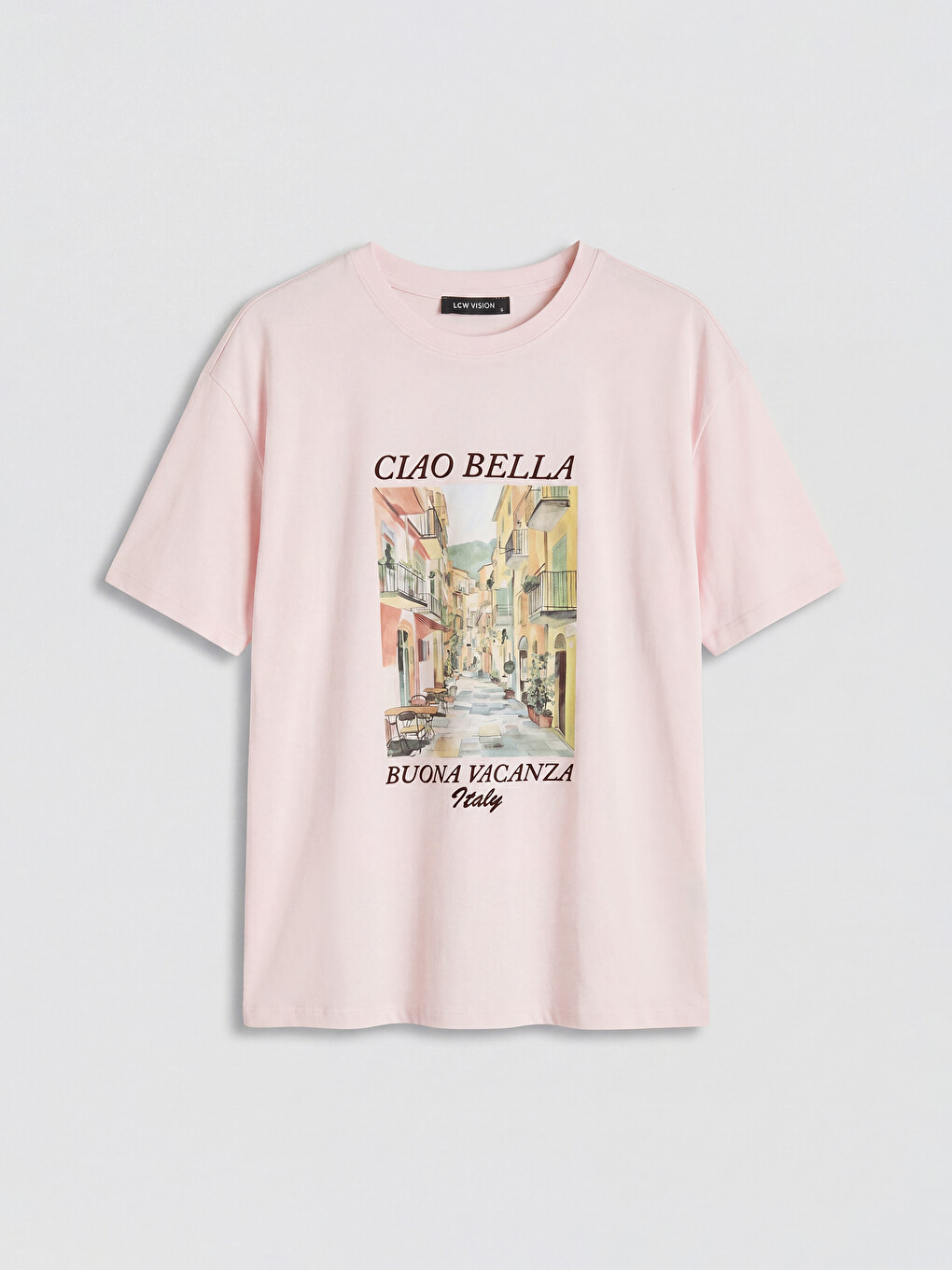 Pembe Bisiklet Yaka İtalya Baskılı Kadın Tişört-4