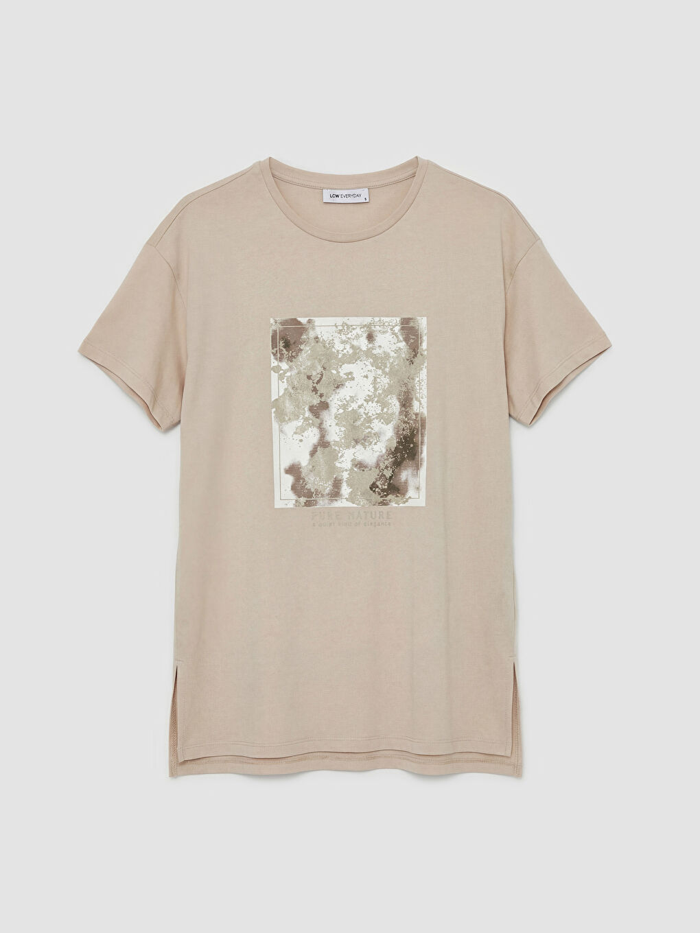 Bej Bisiklet Yaka Baskılı Kadın Tişört