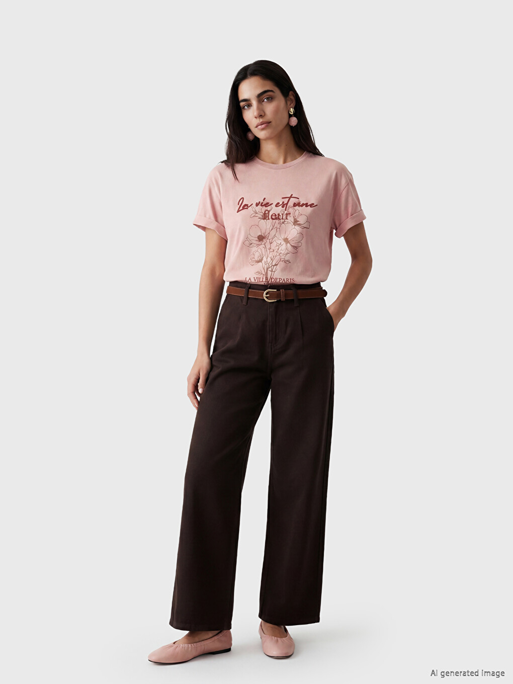 Pembe Paris Baskılı Oversize Kadın Tişört-1