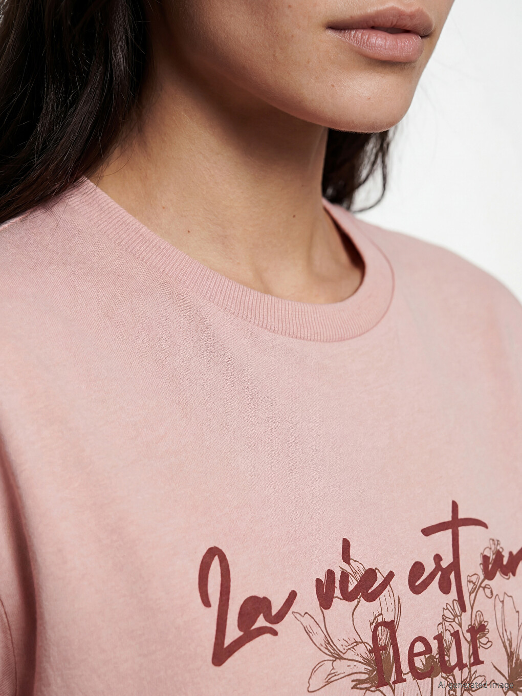 Pembe Paris Baskılı Oversize Kadın Tişört-2