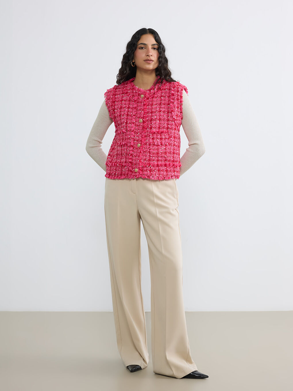 Pembe Bisiklet Yaka Ekose Kadın Tüvit Yelek-1