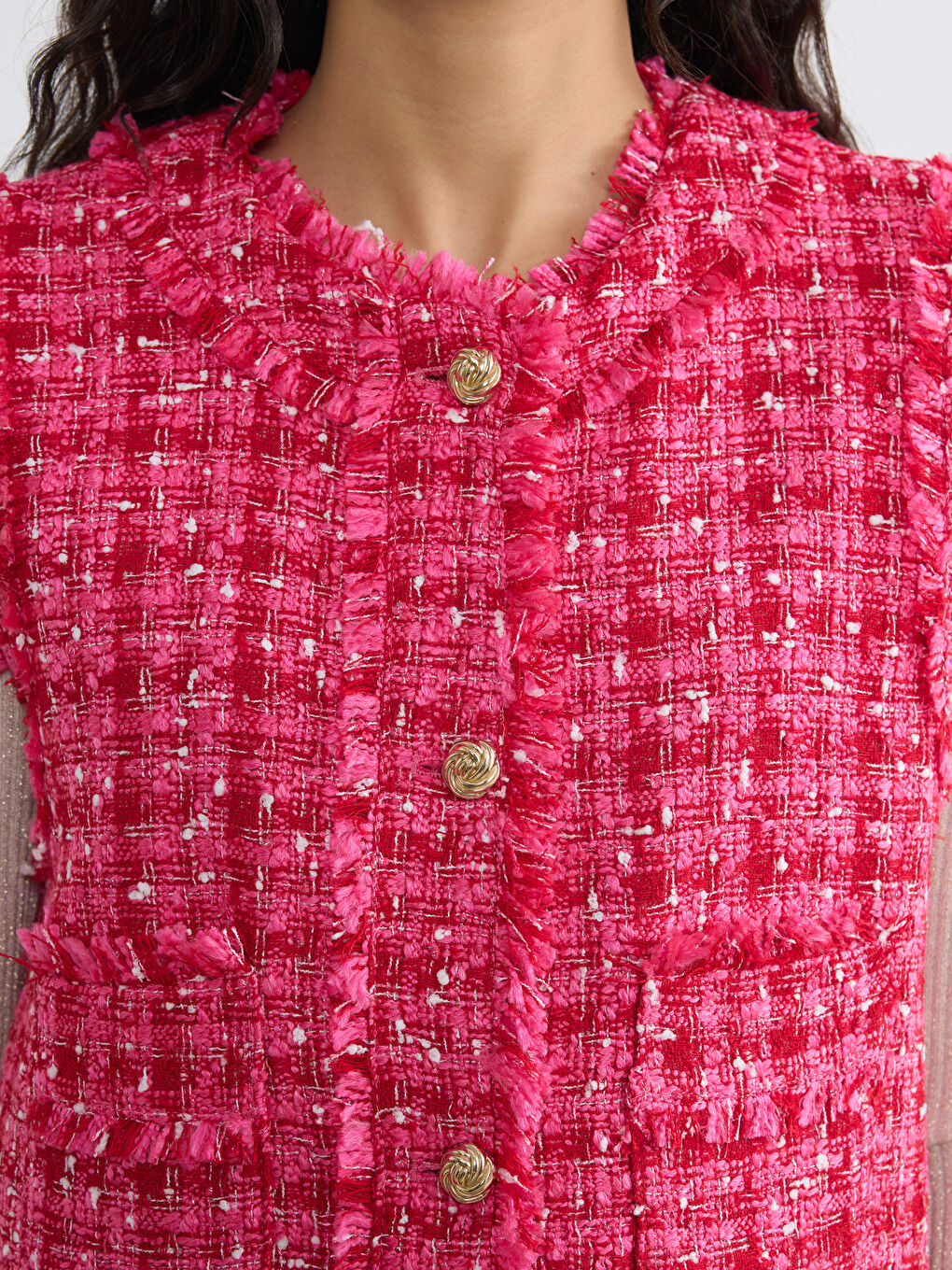 Pembe Bisiklet Yaka Ekose Kadın Tüvit Yelek-2