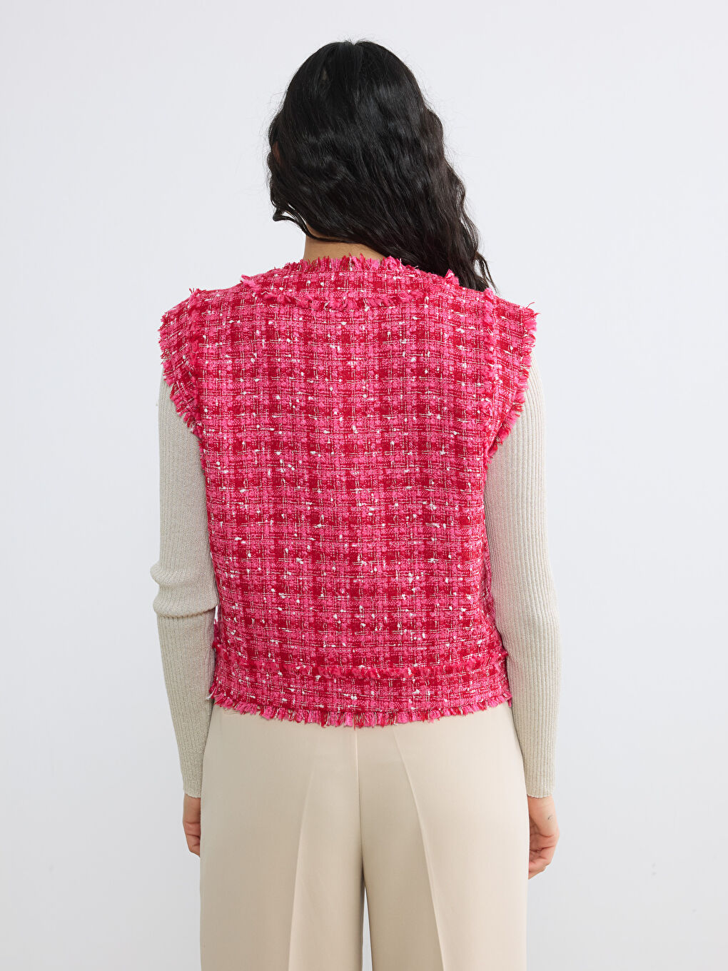 Pembe Bisiklet Yaka Ekose Kadın Tüvit Yelek-4