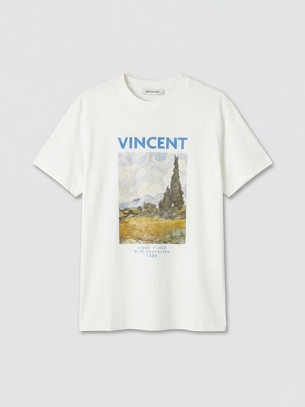 Beyaz Van Gogh Baskılı %100 Pamuklu Kadın Tişört-4