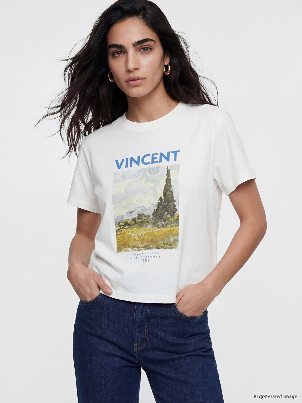 Beyaz Van Gogh Baskılı %100 Pamuklu Kadın Tişört