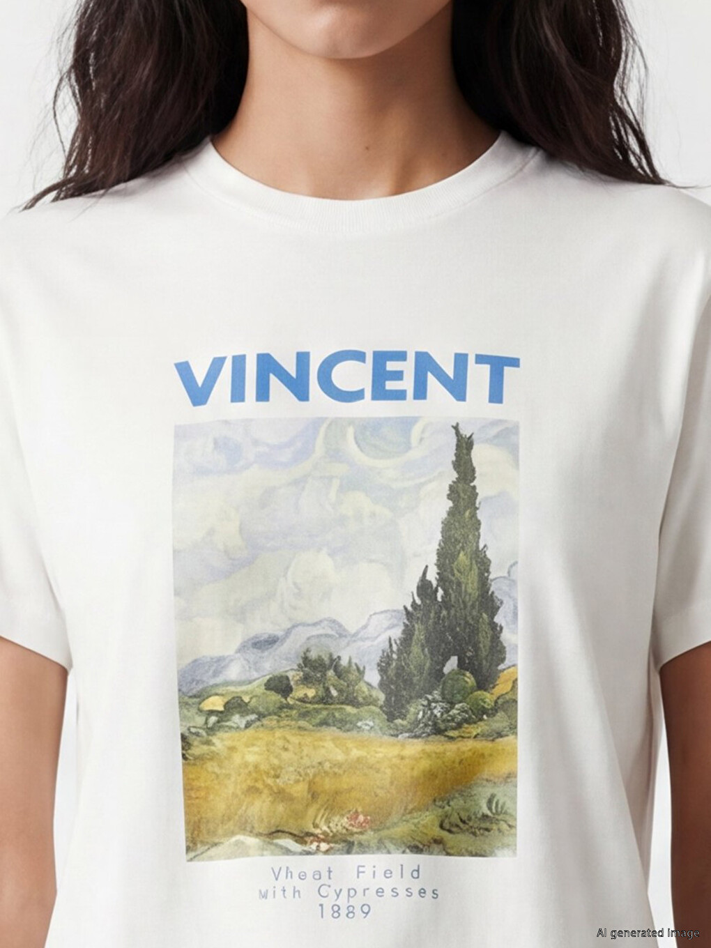 Beyaz Van Gogh Baskılı %100 Pamuklu Kadın Tişört-2