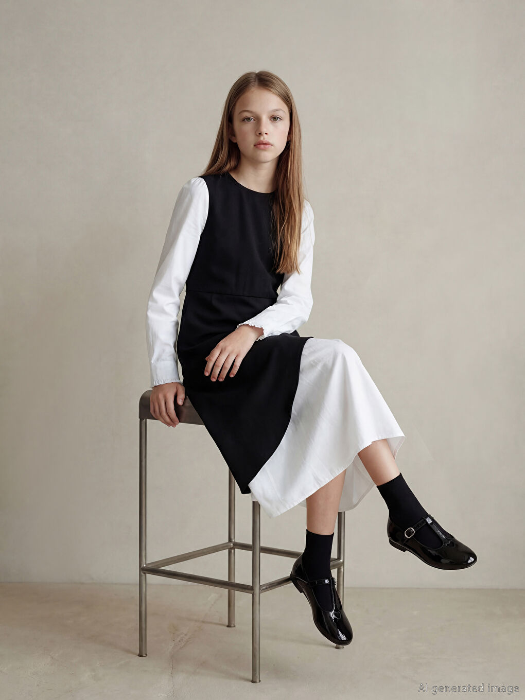 Siyah Bisiklet Yaka Kız Çocuk Elbise