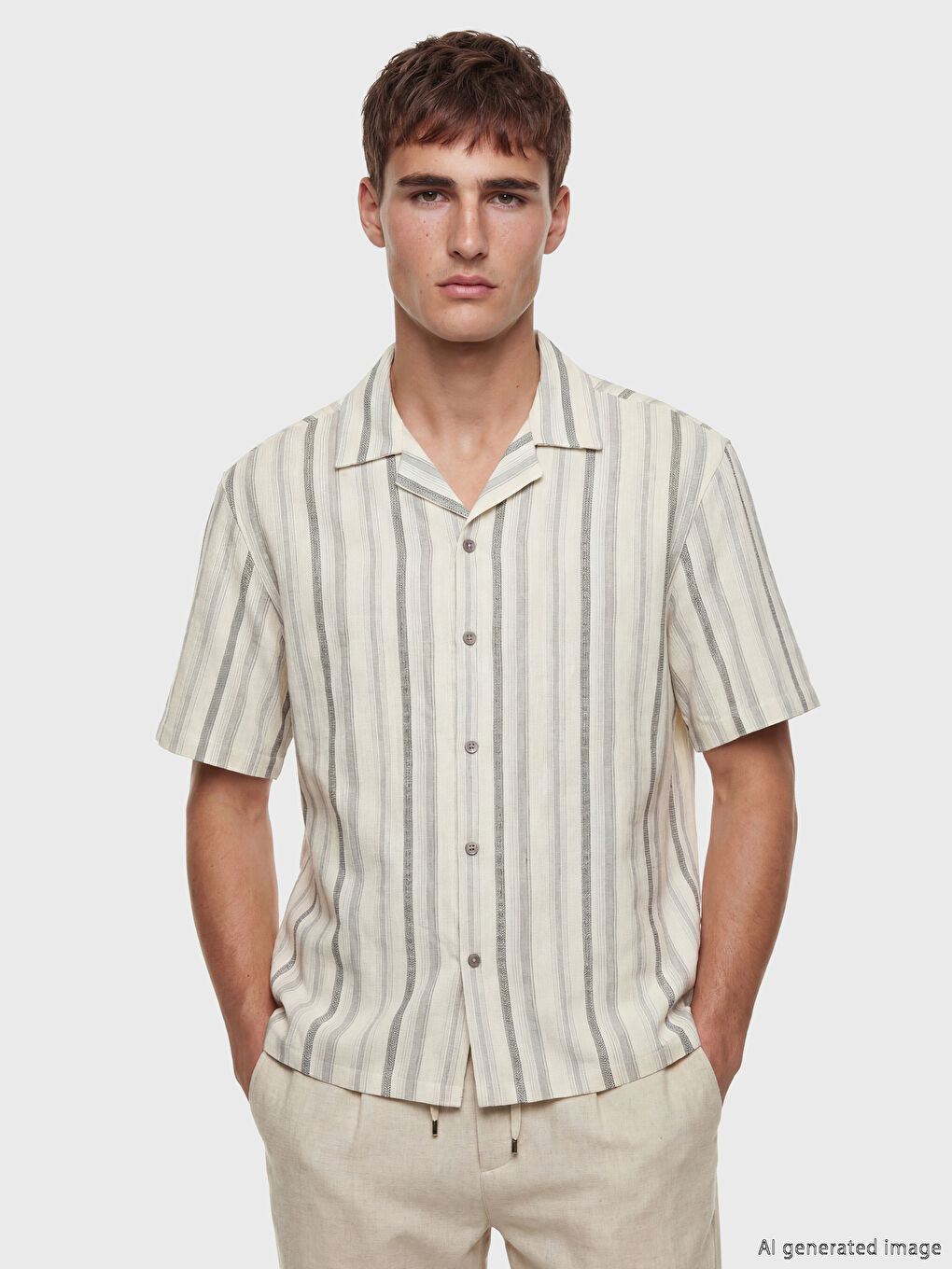 Ekru Regular Fit Çizgili Erkek Gömlek