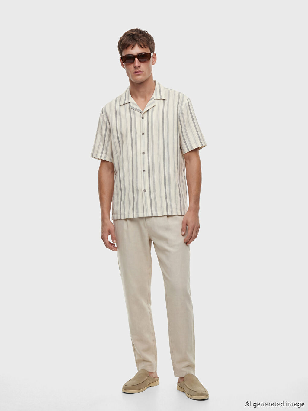 Ekru Regular Fit Çizgili Erkek Gömlek-1
