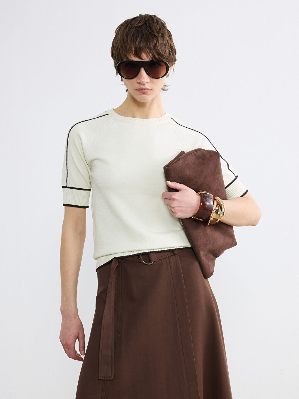 Ekru Bisiklet Yaka Çizgili Kadın Triko Kazak