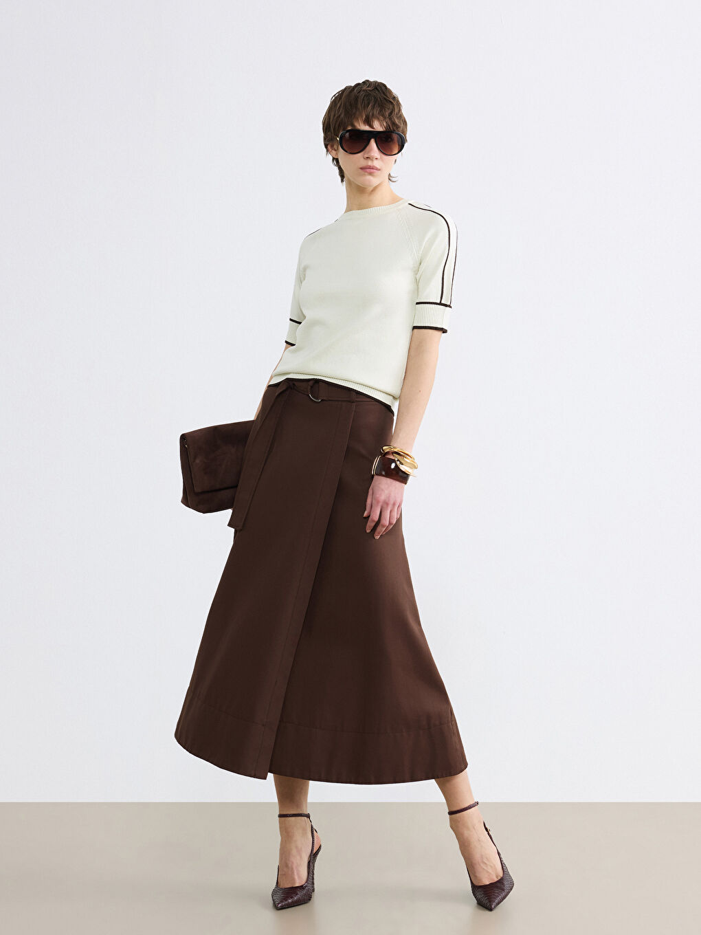 Ekru Bisiklet Yaka Çizgili Kadın Triko Kazak-1