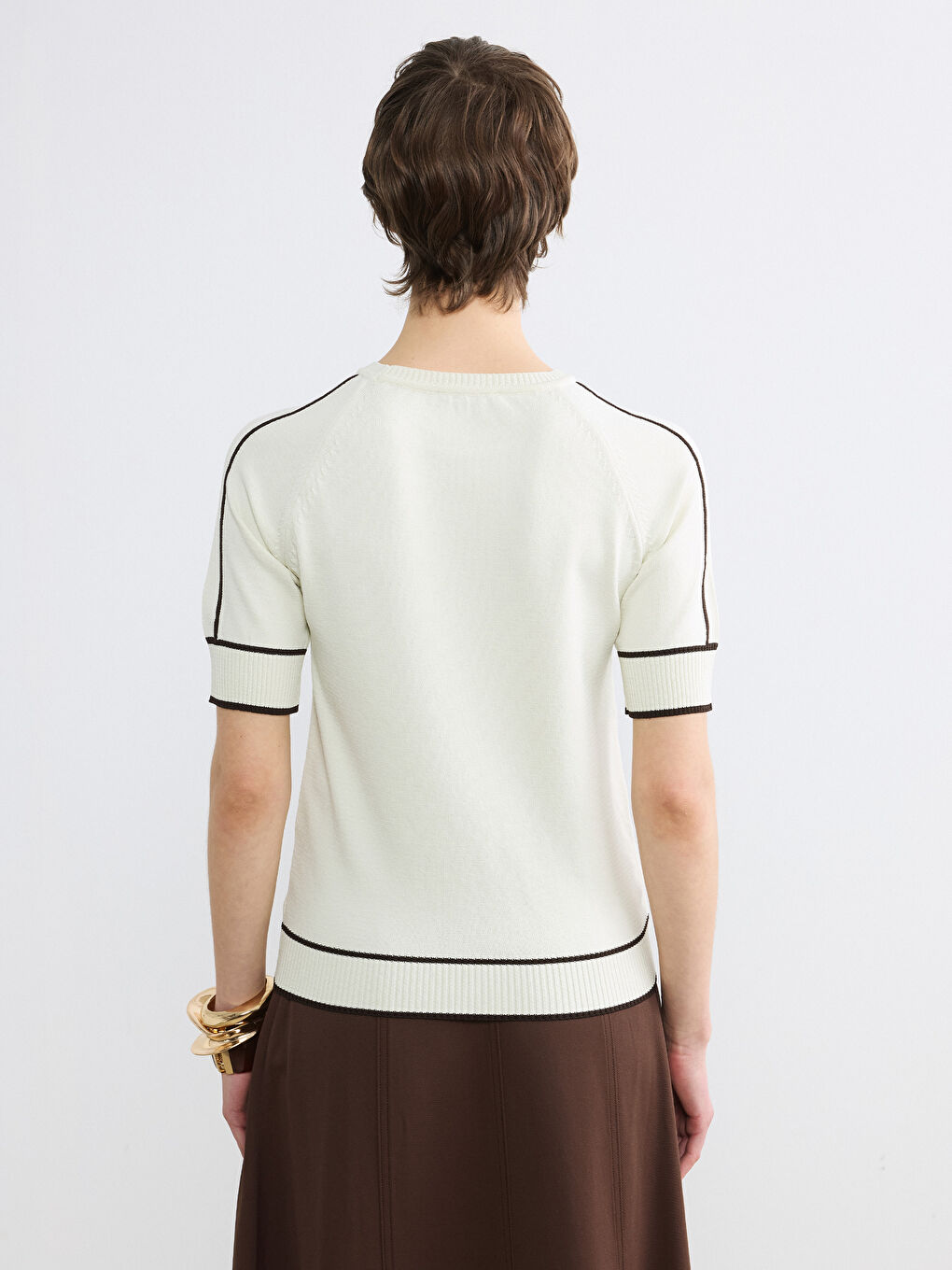 Ekru Bisiklet Yaka Çizgili Kadın Triko Kazak-3