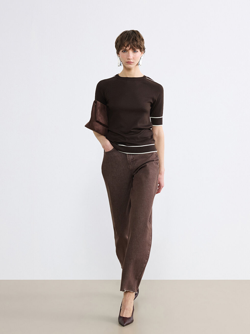 Kahverengi Bisiklet Yaka Çizgili Kadın Triko Kazak-1