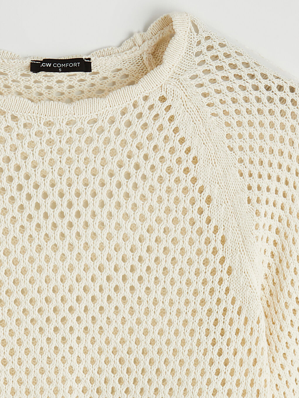 Ekru Bisiklet Yaka Ajurlu Kadın Triko Kazak-1