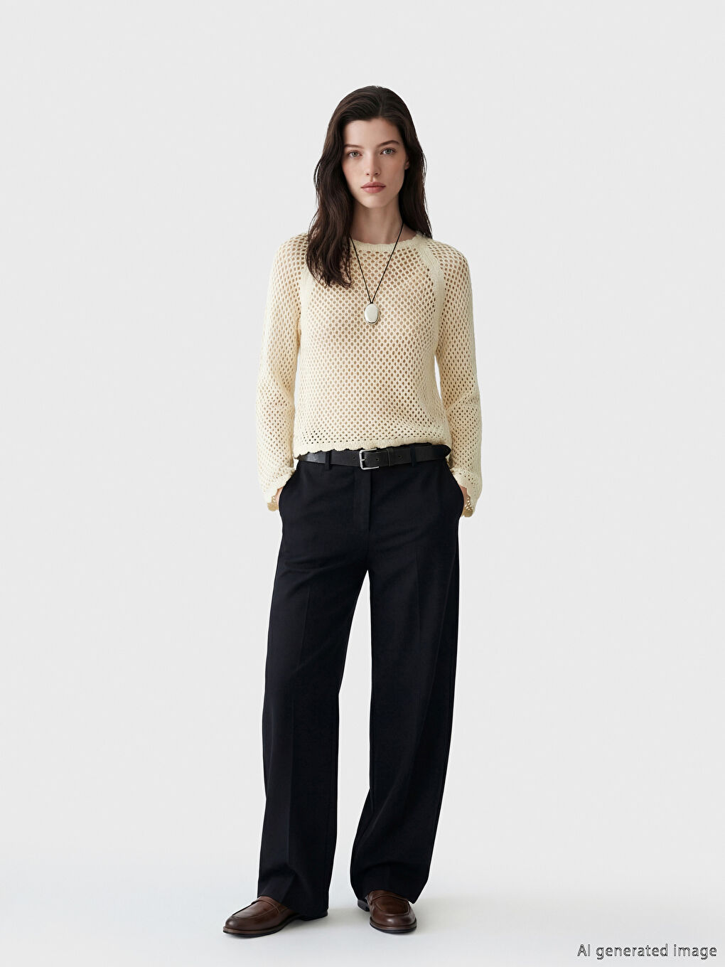 Ekru Bisiklet Yaka Ajurlu Kadın Triko Kazak-1