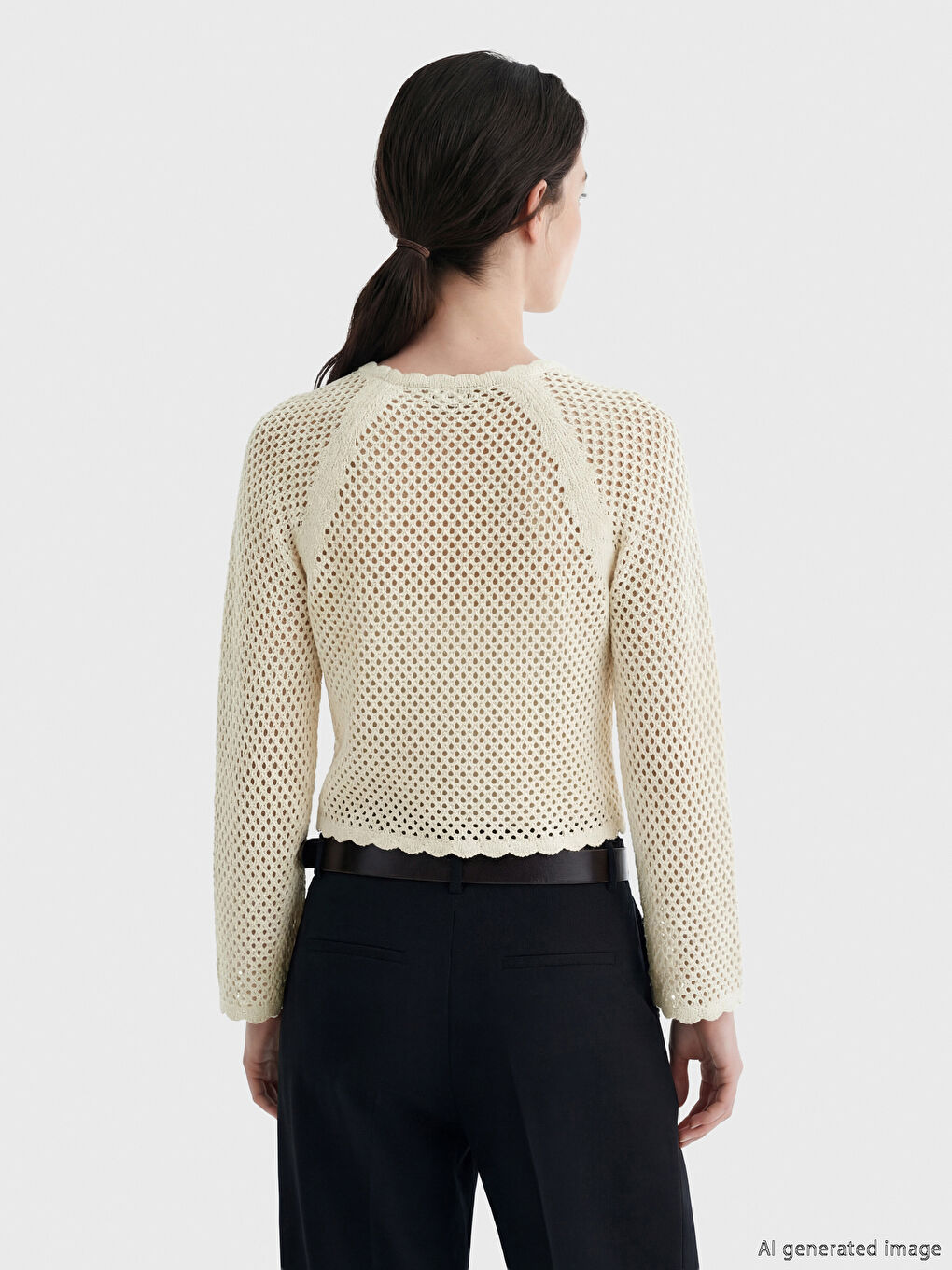 Ekru Bisiklet Yaka Ajurlu Kadın Triko Kazak-2